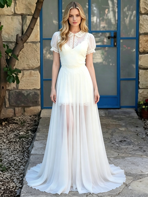 White Chiffon Short Sleeve Wedding Dress