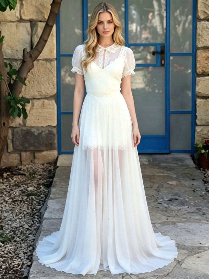 White Chiffon Short Sleeve Wedding Dress