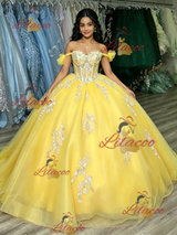 Yellow Tulle Off the Shoulder Appliques Quinceanera Dress