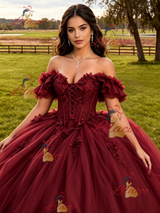 Burgundy Tulle Appliques Quinceanera Dress