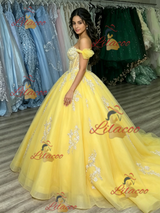 Yellow Tulle Off the Shoulder Appliques Quinceanera Dress