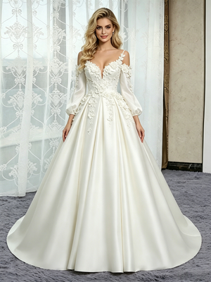 White Satin Short Sleeve Straps Flower Wedding Dress