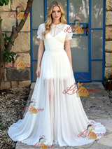 White Chiffon Short Sleeve Wedding Dress