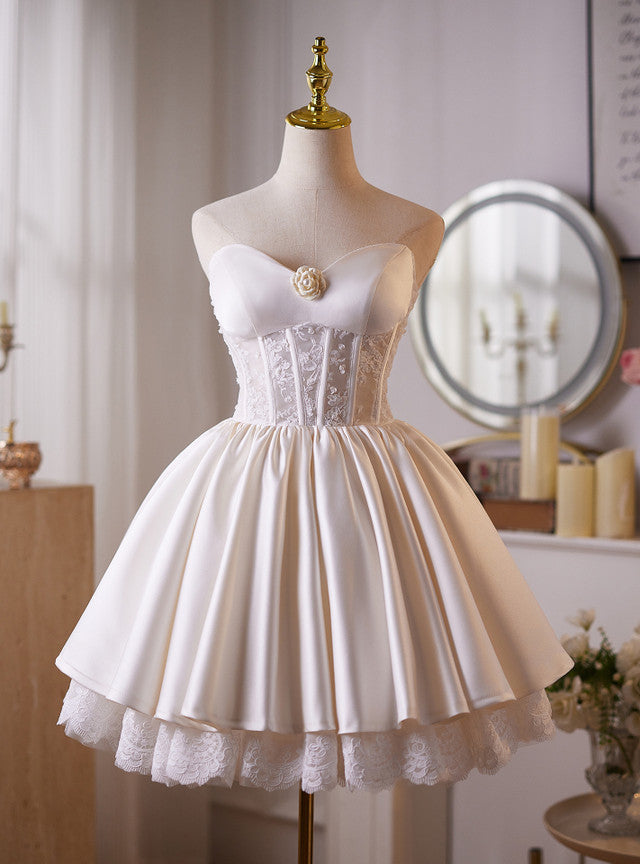 Beige White Satin Lace Homecoming Dress