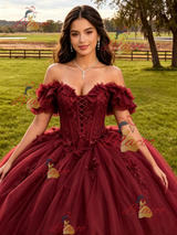 Burgundy Tulle Appliques Quinceanera Dress