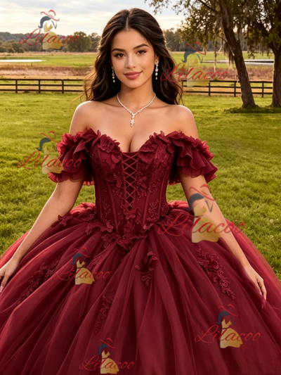 Burgundy Tulle Appliques Quinceanera Dress
