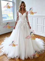 White Tulle Appliques V-neck Appliques Wedding Dress