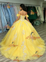 Yellow Tulle Off the Shoulder Appliques Quinceanera Dress