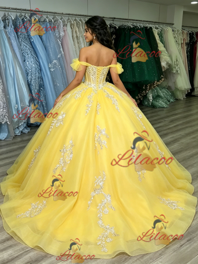 Yellow Tulle Off the Shoulder Appliques Quinceanera Dress