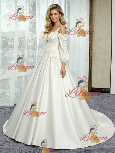 White Satin Short Sleeve Straps Flower Wedding Dress
