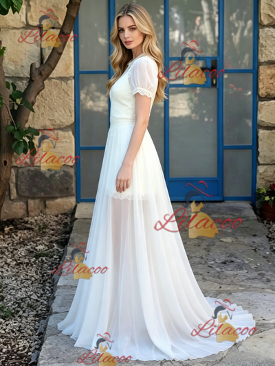 White Chiffon Short Sleeve Wedding Dress