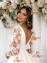 White Satin Long Sleeve V-neck Wedding Dress