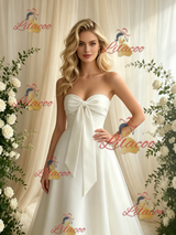 White Tulle Strapless Bow Wedding Dress