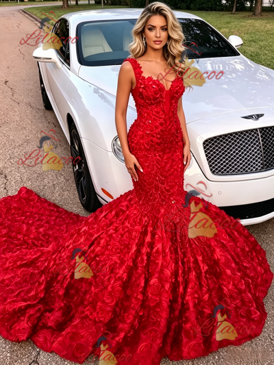 Sexy Red Mermaid Straps Prom Dress