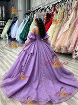 Purple Tulle Straps Long Sleeve Quinceanera Dress