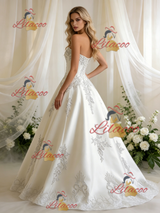 Beige White Satin Strapless Beading Wedding Dress