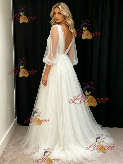 White Tulle V-neck Short Sleeve Pleats Wedding Dress