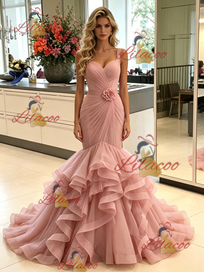 Pink Mermaid Straps Pleats Prom Dress