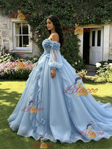 Blue Tulle Long Sleeve Appliques Quinceanera Dress