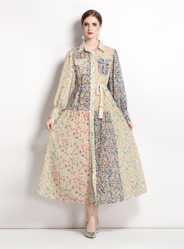 Holiday Style Lapel Long Sleeve Printed Dress