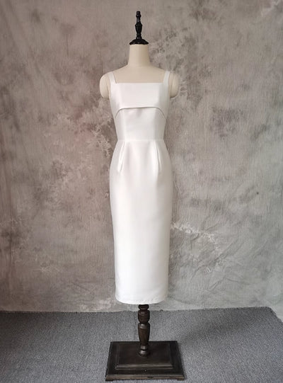 White Satin Spaghetti Straps Wedding Dress