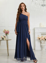 Navy Blue Chiffon One Shoulder Prom Dress