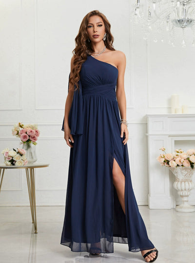 Navy Blue Chiffon One Shoulder Prom Dress