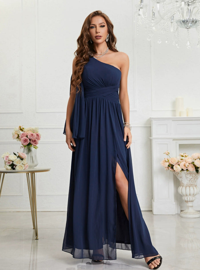 Navy Blue Chiffon One Shoulder Prom Dress