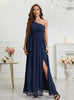 Navy Blue Chiffon One Shoulder Prom Dress