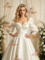 Short Sleeve Satin Square Neck Wedding Dress