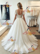White Tulle V-neck Puff Sleeve Wedding Dress