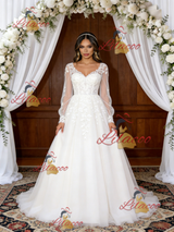 White Tulle Appliques Long Sleeve V-neck Wedding Dress