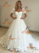 White Tulle Puff Sleeve Butterfly Wedding Dress