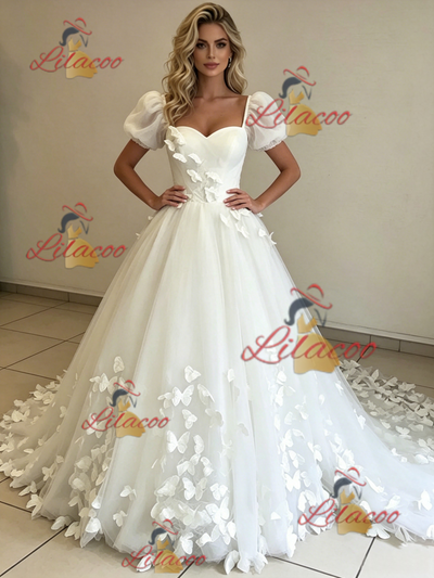 White Tulle Puff Sleeve Butterfly Wedding Dress