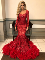 Red Mermaid Seuqins Long Sleeve Prom Dress