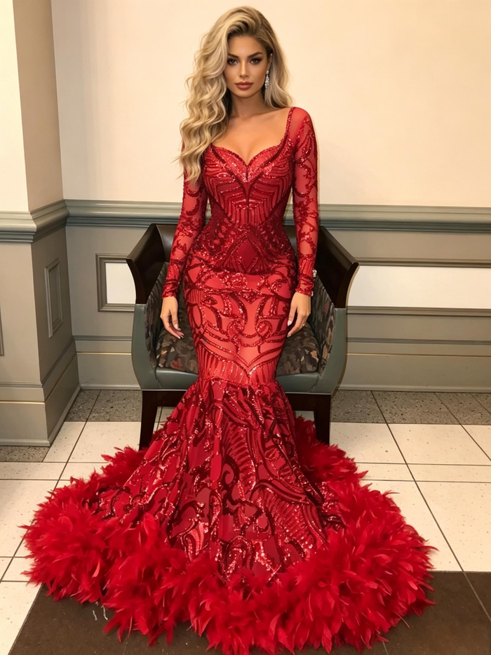 Red Mermaid Seuqins Long Sleeve Prom Dress