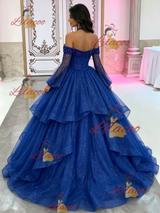 Blue Long Sleeve Sequins Beading Quinceanera Dress