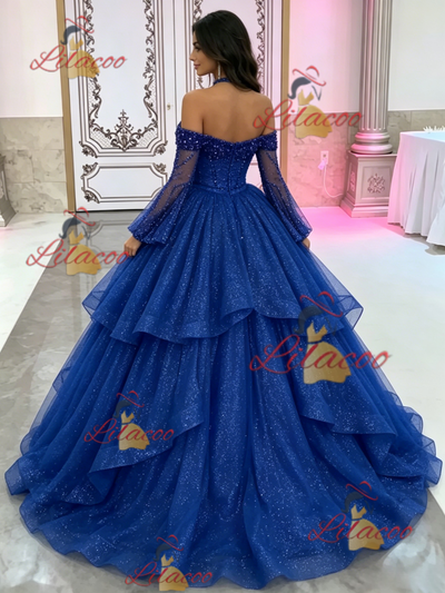 Blue Long Sleeve Sequins Beading Quinceanera Dress
