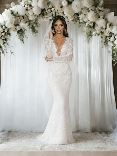 White Mermaid Lace V-neck Wedding Dress