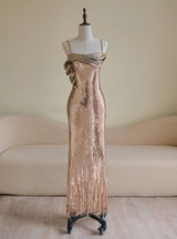 Champagne Sequins Spaghetti Straps Prom Dress