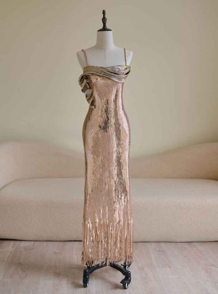 Champagne Sequins Spaghetti Straps Prom Dress