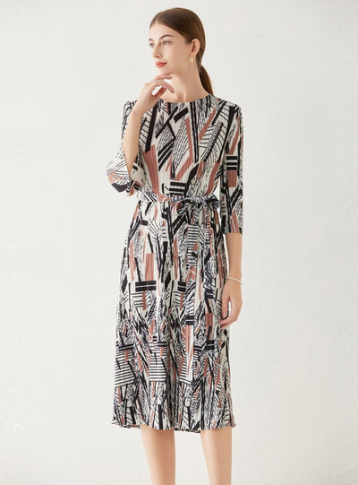 Printed Pleated Casual Long Dress