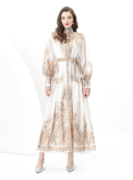 Palace Stand-up Printed Breasted Dress