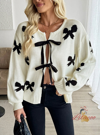Women Tied Bow Sweater Cardigan