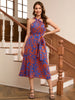 Retro Printed Halter Lace-up Dress