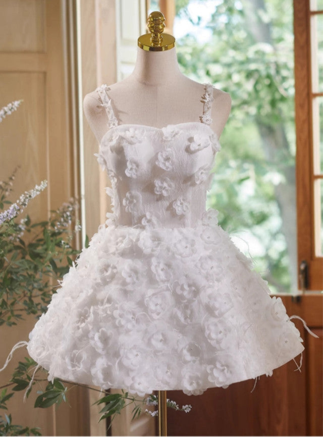 White Lace 3D Flower Homecoming Dress