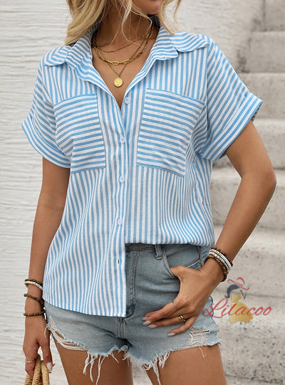 Spliced Lapel Striped Top Shirt