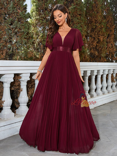 V-neck Chiffon Pleats Short Sleeve Prom Dress