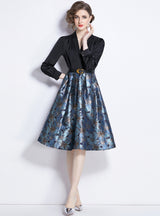 V-neck Long Sleeve Contrast Print Dress