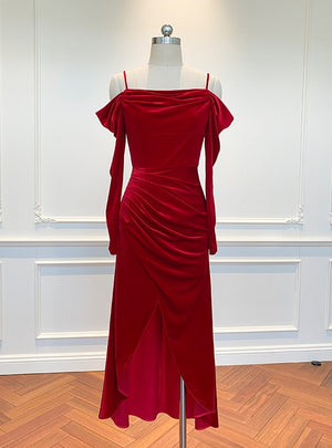 Red Velvet Long Sleeve Pleats Prom Dress